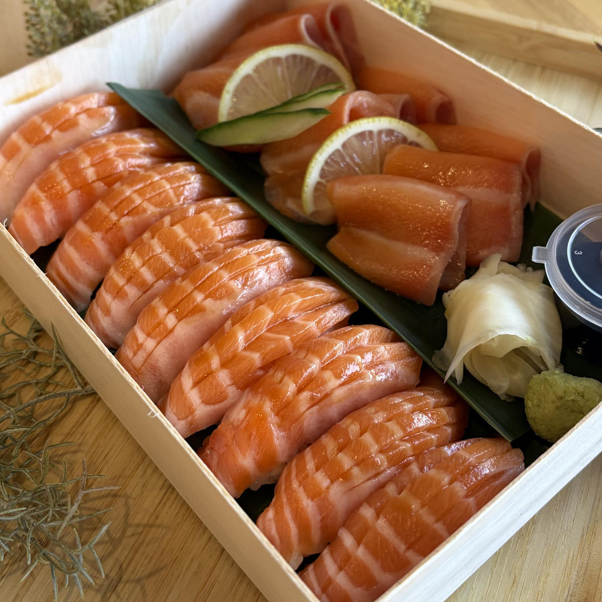 Salmon Nigiri & Sashimi Set in a wooden box